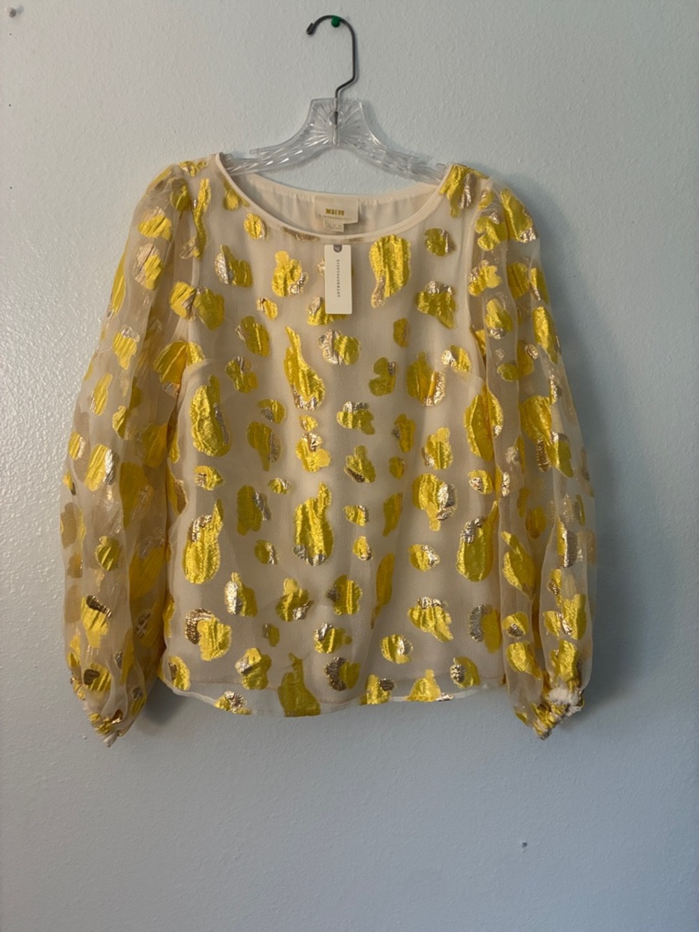 Anthropologie Sheer Cream Blouse with Metallic Gold Spots